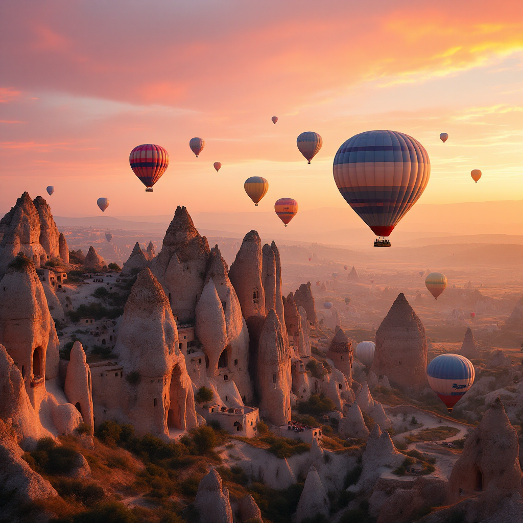 Cappadocia landscape with hot air balloons at sunrise