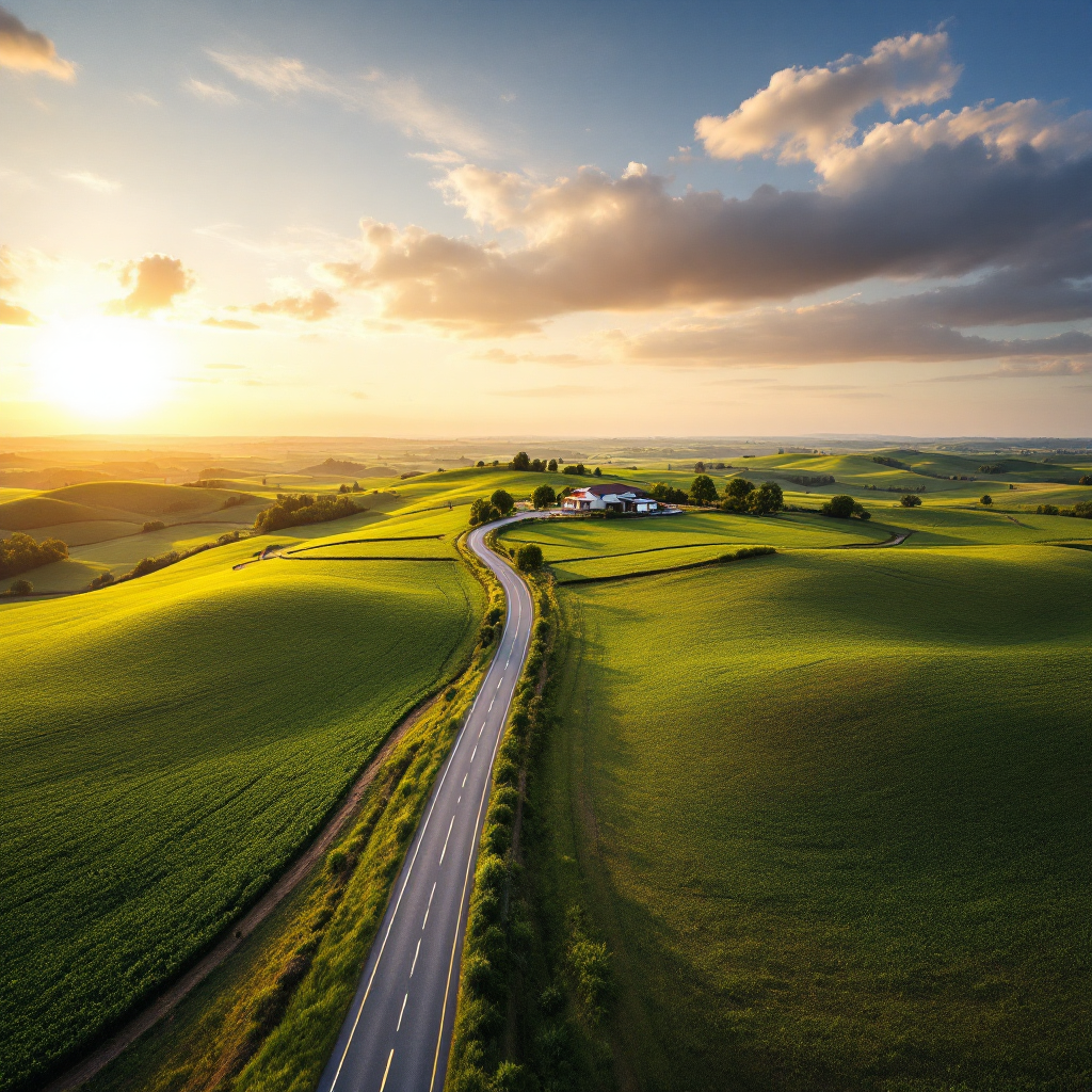 Rural landscape with winding road and distant health clinic