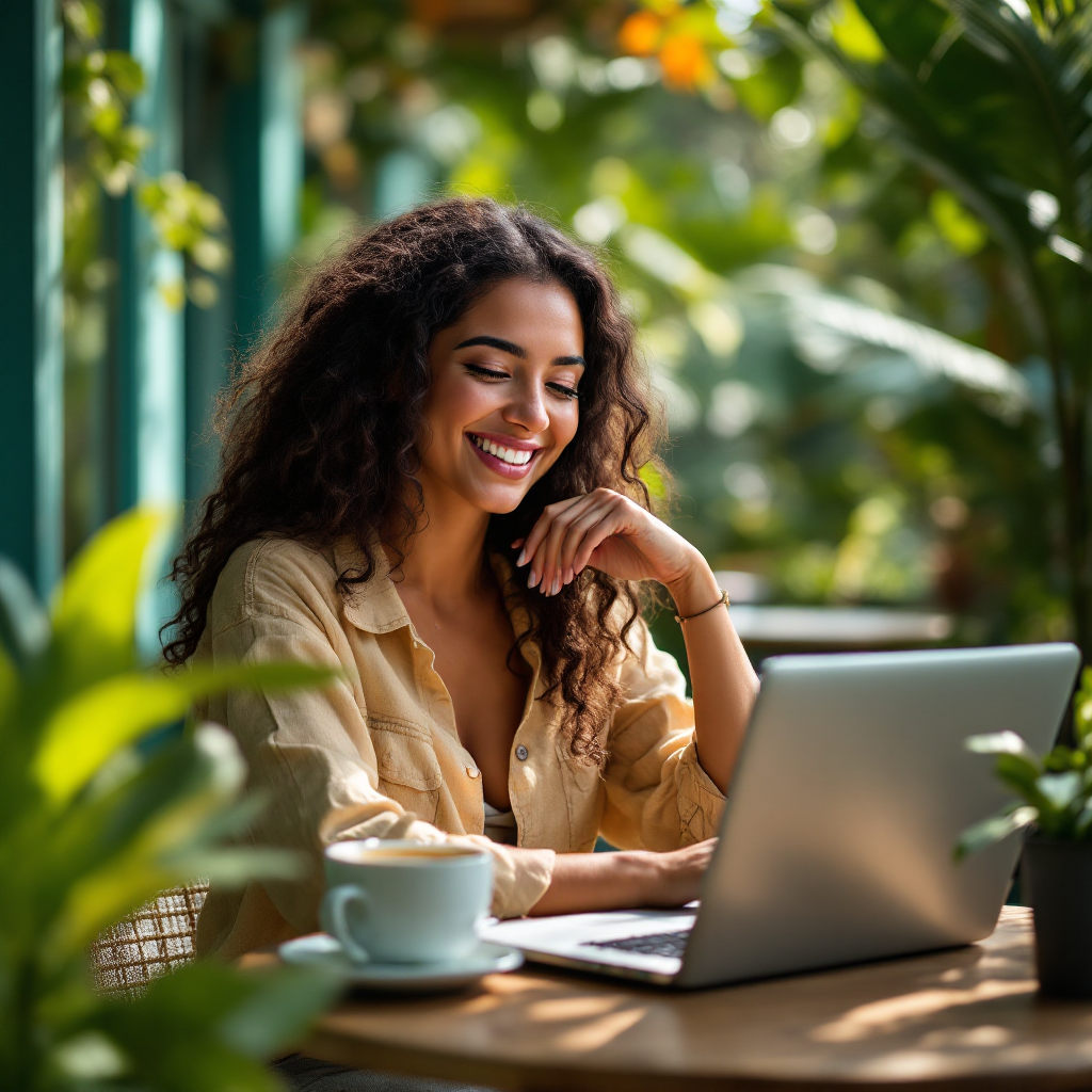 Woman working remotely from a cafe