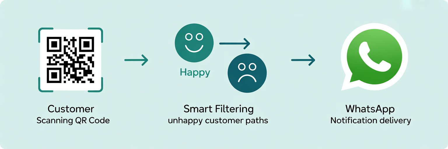 Complete workflow diagram showing QR code scan to smart filtering to WhatsApp notification