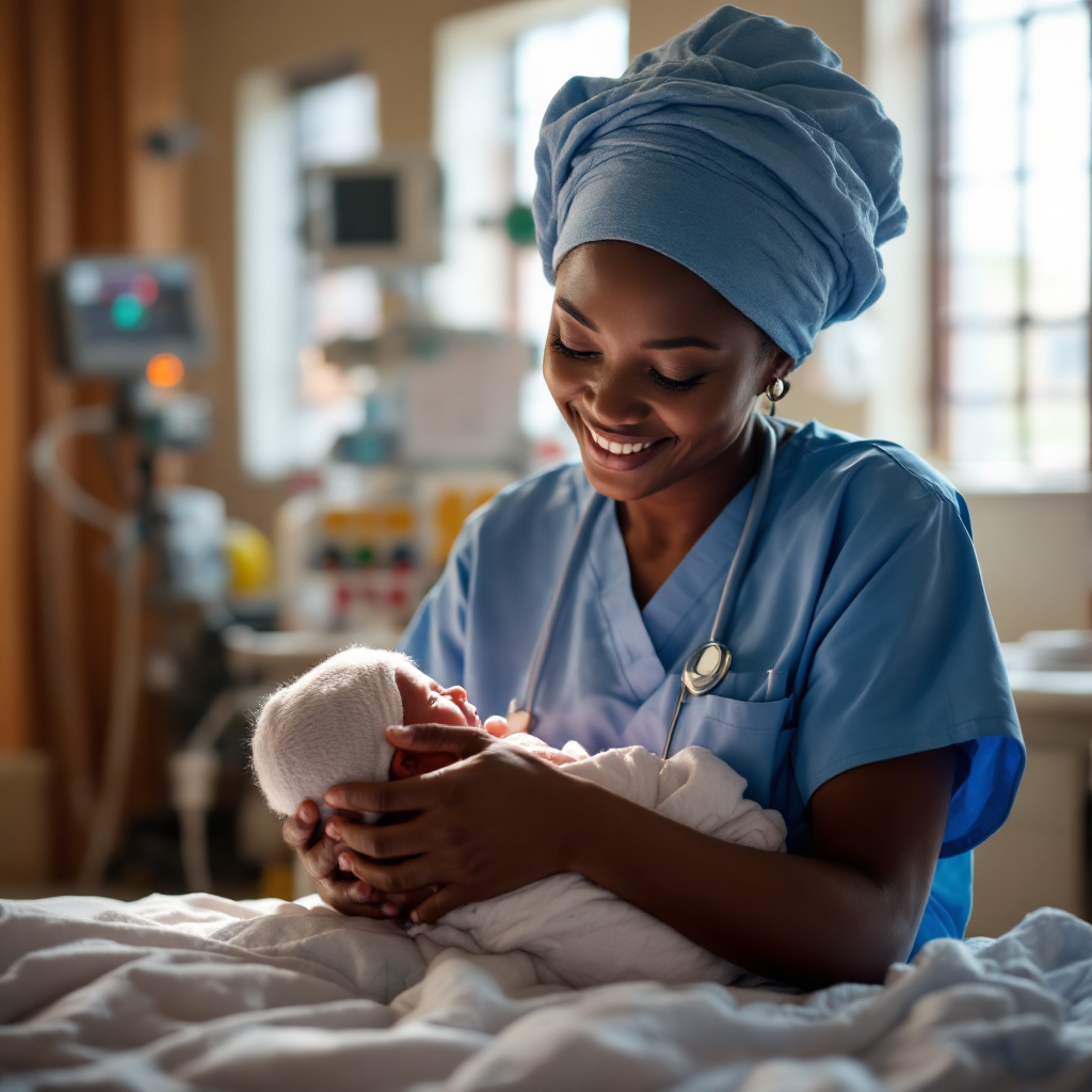 Healthcare worker caring for a newborn in an African clinic