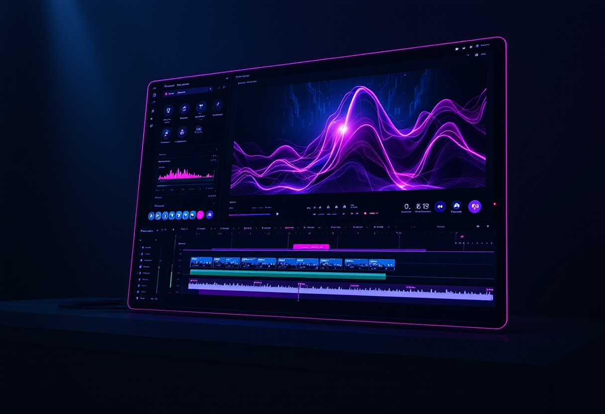 Product preview of the AI video editor interface featuring a sleek dark UI with neon purple and pink accents, timeline, and editing tools