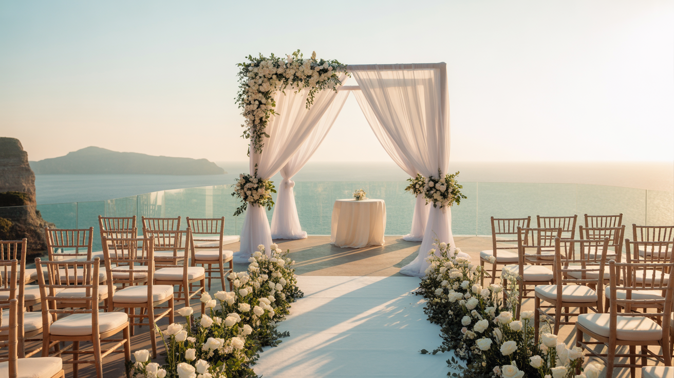 Elegant destination wedding ceremony setup on a sunlit terrace overlooking the ocean with flowing white drapes, lush floral arrangements, and golden hour lighting
