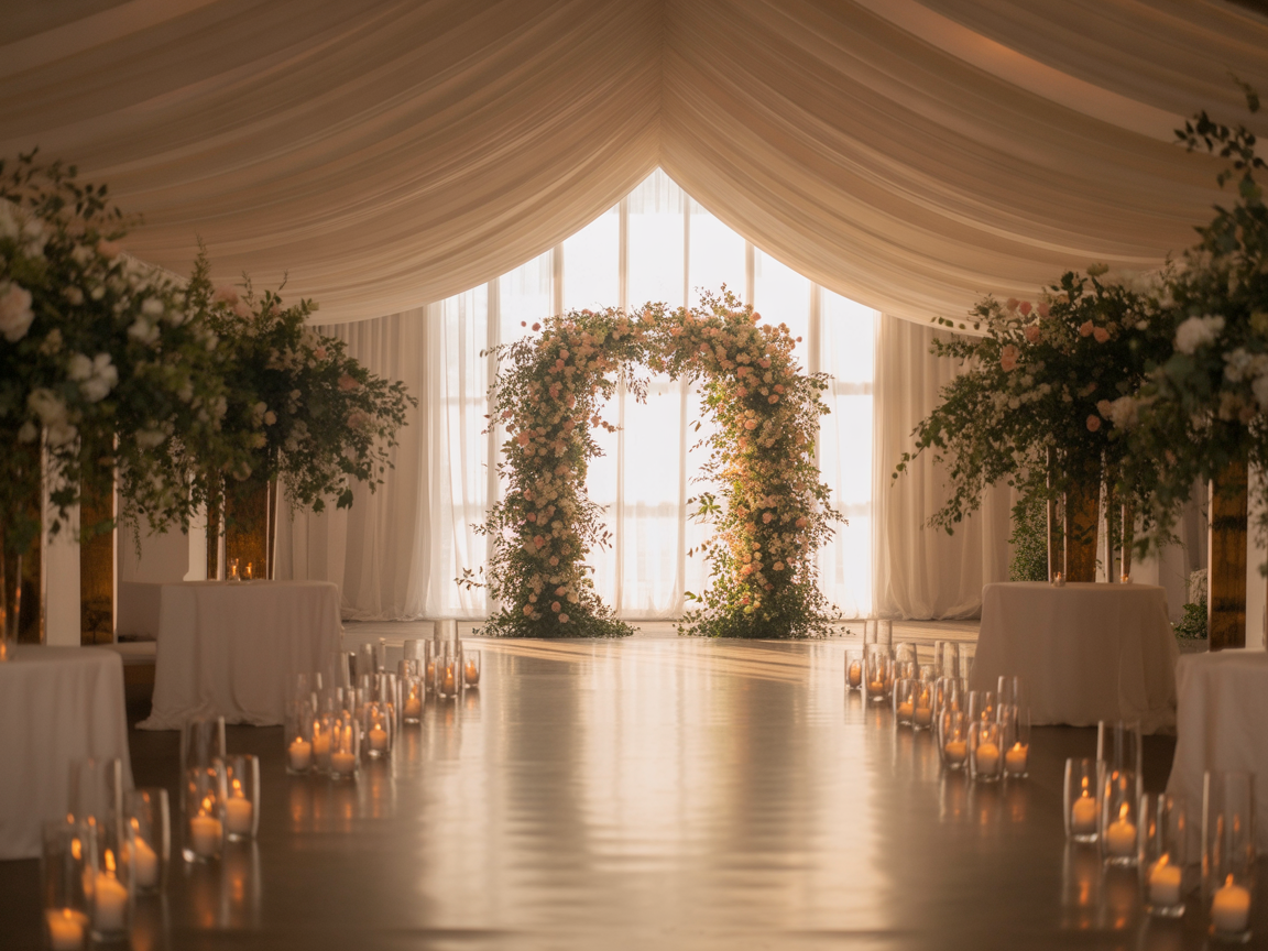 Elegant wedding venue with floral archway and ambient lighting