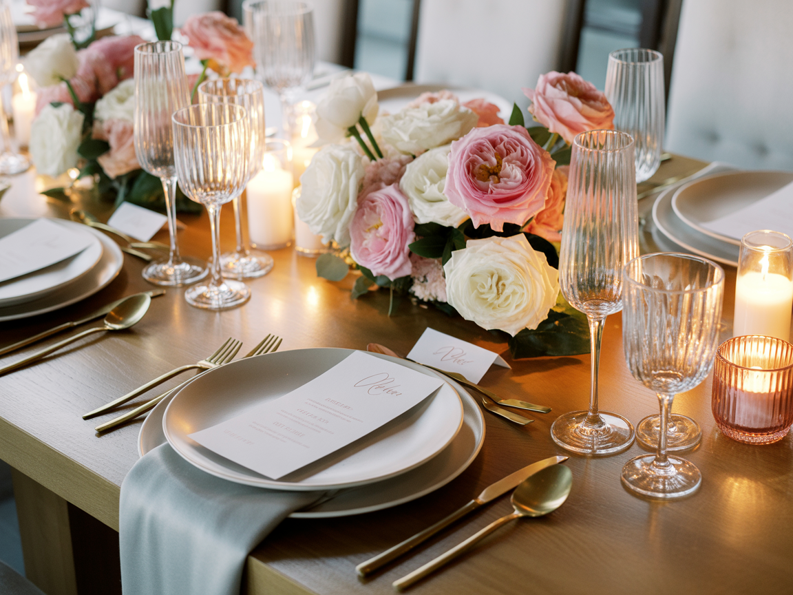 Luxurious wedding table setting with custom floral centerpieces and elegant décor
