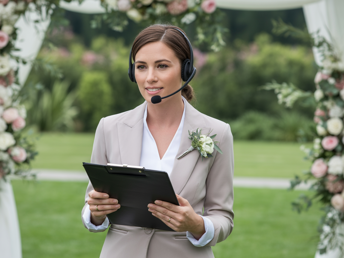 Wedding coordinator reviewing timeline with clipboard on the wedding day