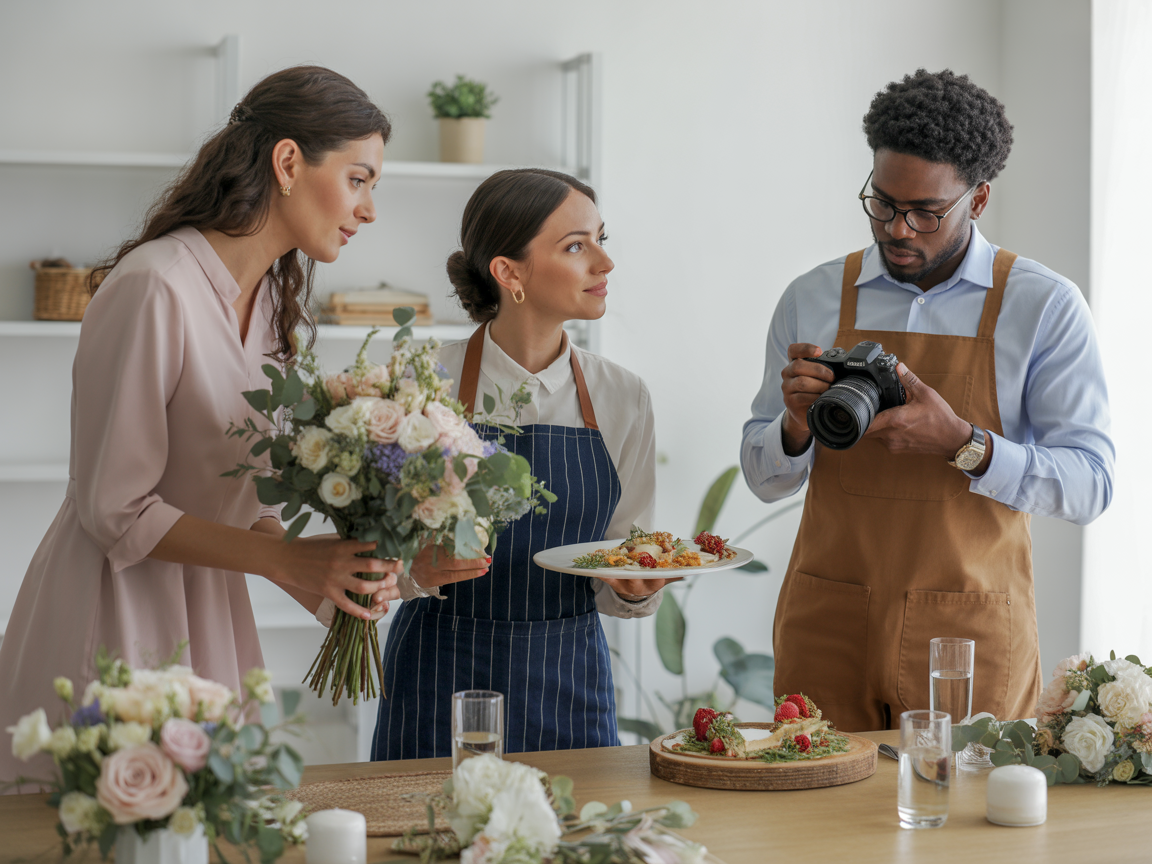 Wedding vendors collaborating including florist, caterer, and photographer