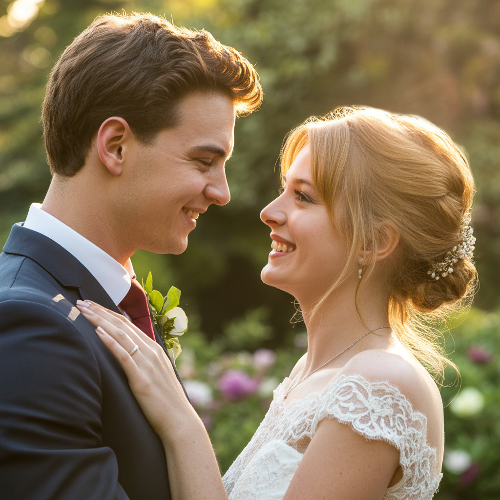 Portrait of Sarah and James, a happy newlywed couple smiling warmly