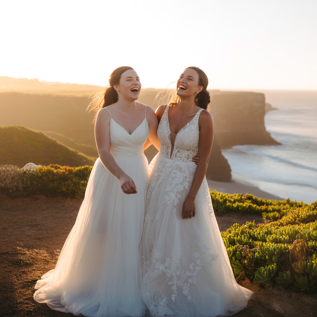 Portrait of Emily and Rachel, a beaming couple celebrating their wedding