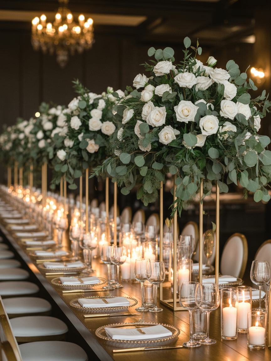A stunning wedding reception with elegant floral arrangements and warm candlelight