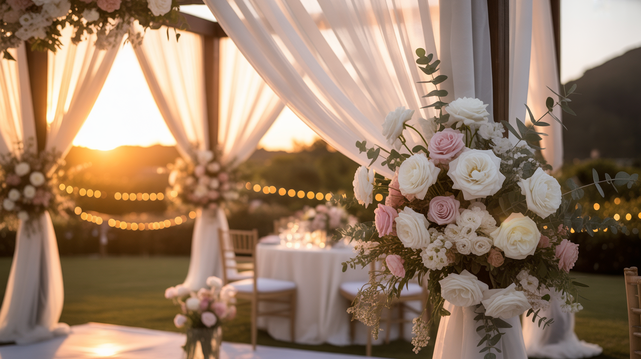 Romantic sunset wedding scene with soft golden light filtering through an elegant outdoor venue draped in flowing fabric and flowers