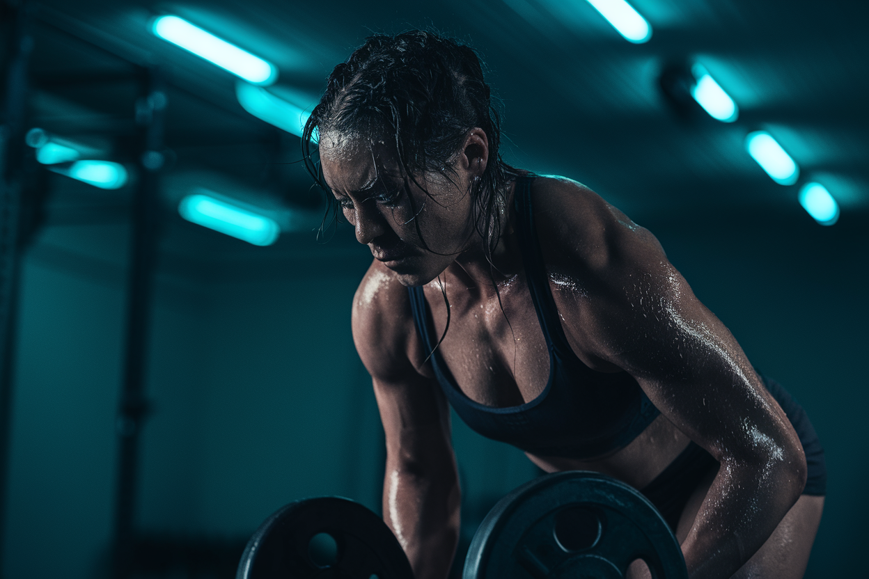Focused athlete training with intensity in a dark, moody gym environment