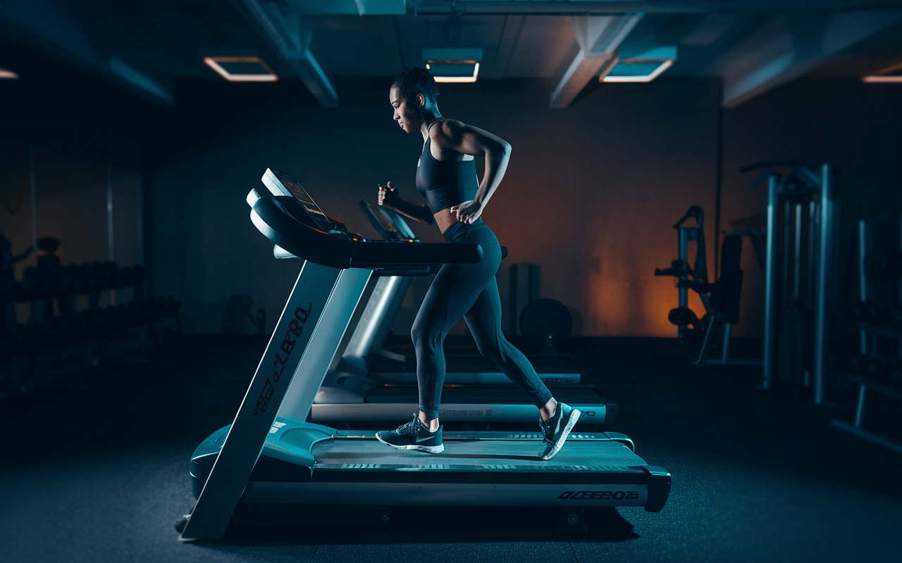 Athlete performing high-intensity cardio exercise in a dark, moody gym environment