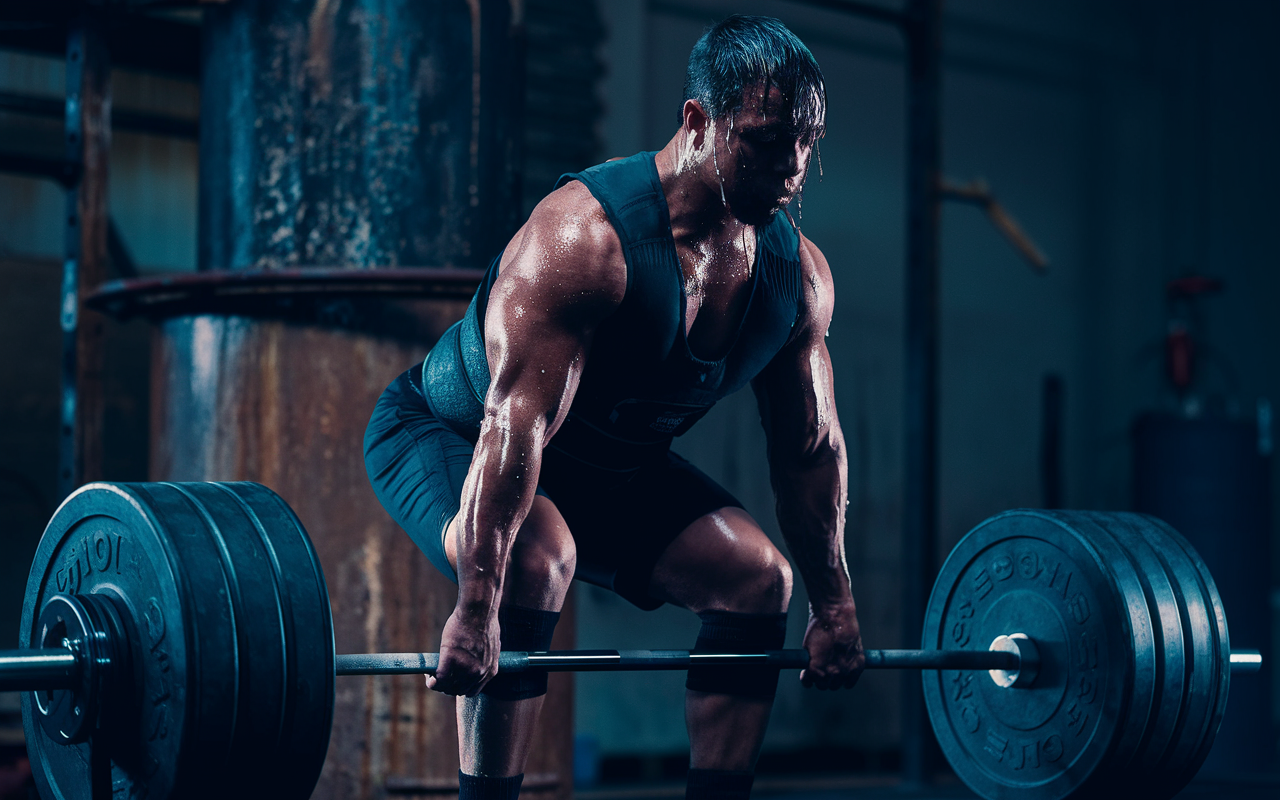 Powerful athlete performing a deadlift in a dark industrial-style gym