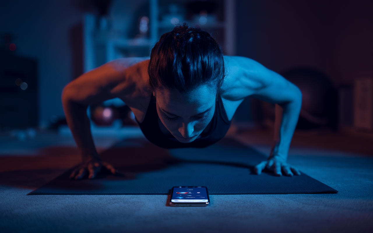 Person following an online coaching session on their phone during a home workout