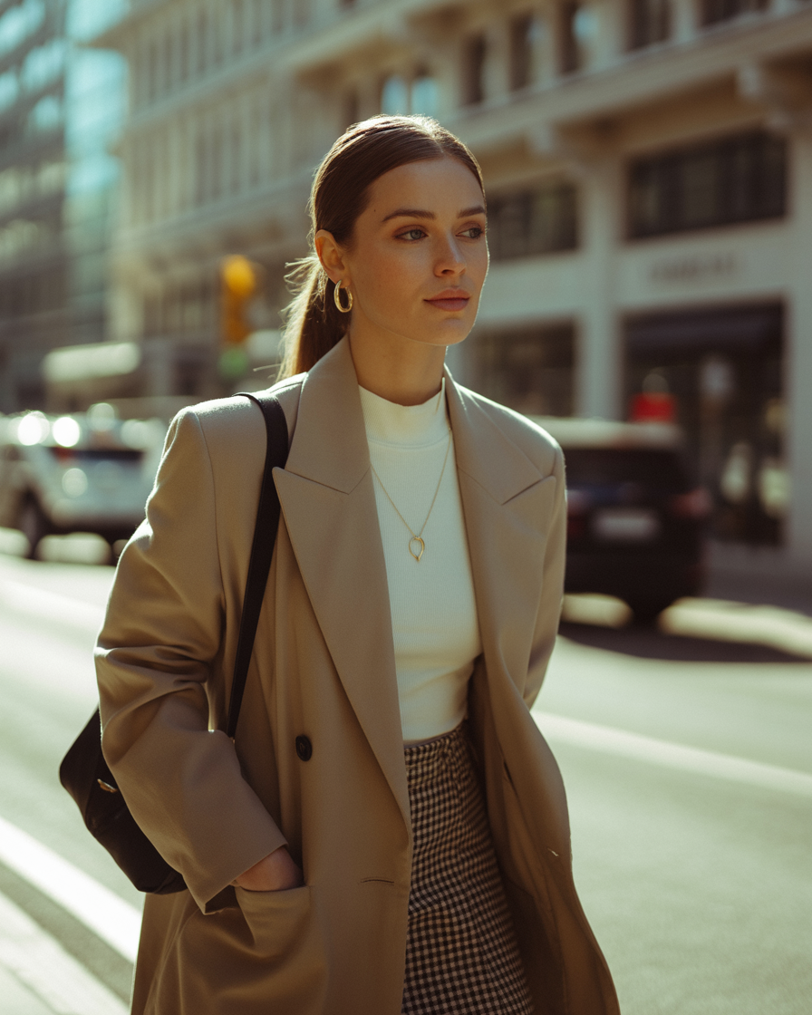 Stylish woman in a modern minimalist outfit walking confidently through a sunlit urban street