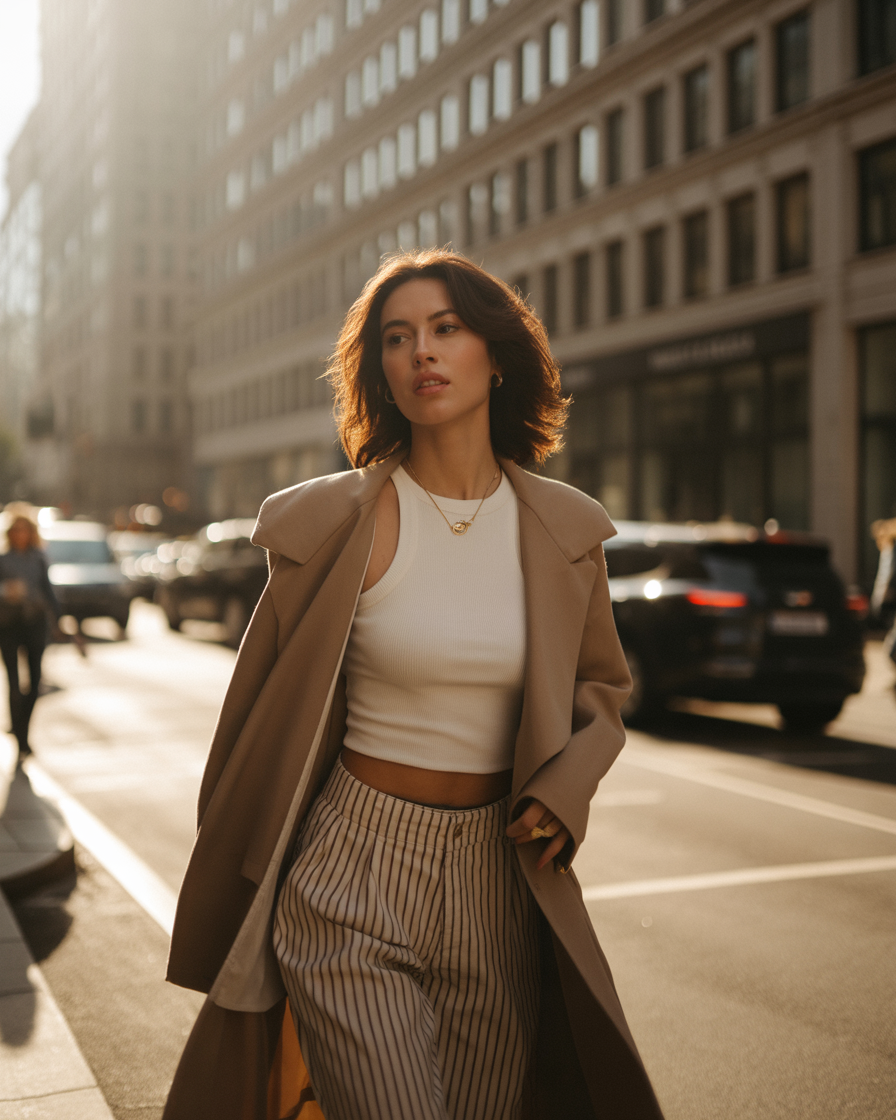 Stylish woman confidently walking through a sunlit city street wearing a curated modern outfit