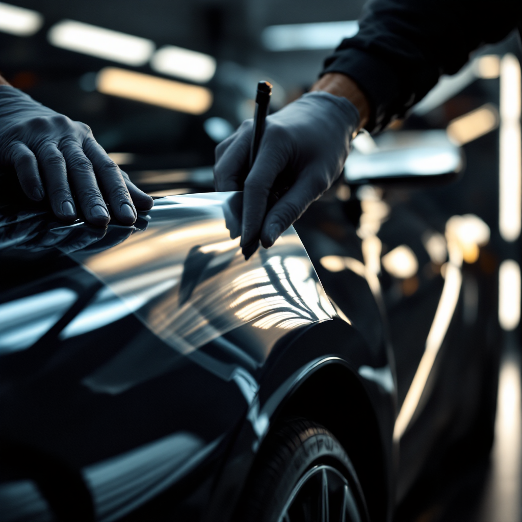 Paint protection film being applied to a luxury vehicle