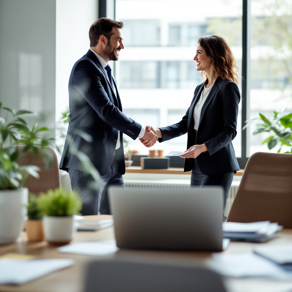Due professionisti che si stringono la mano in un ufficio moderno durante una riunione d'affari