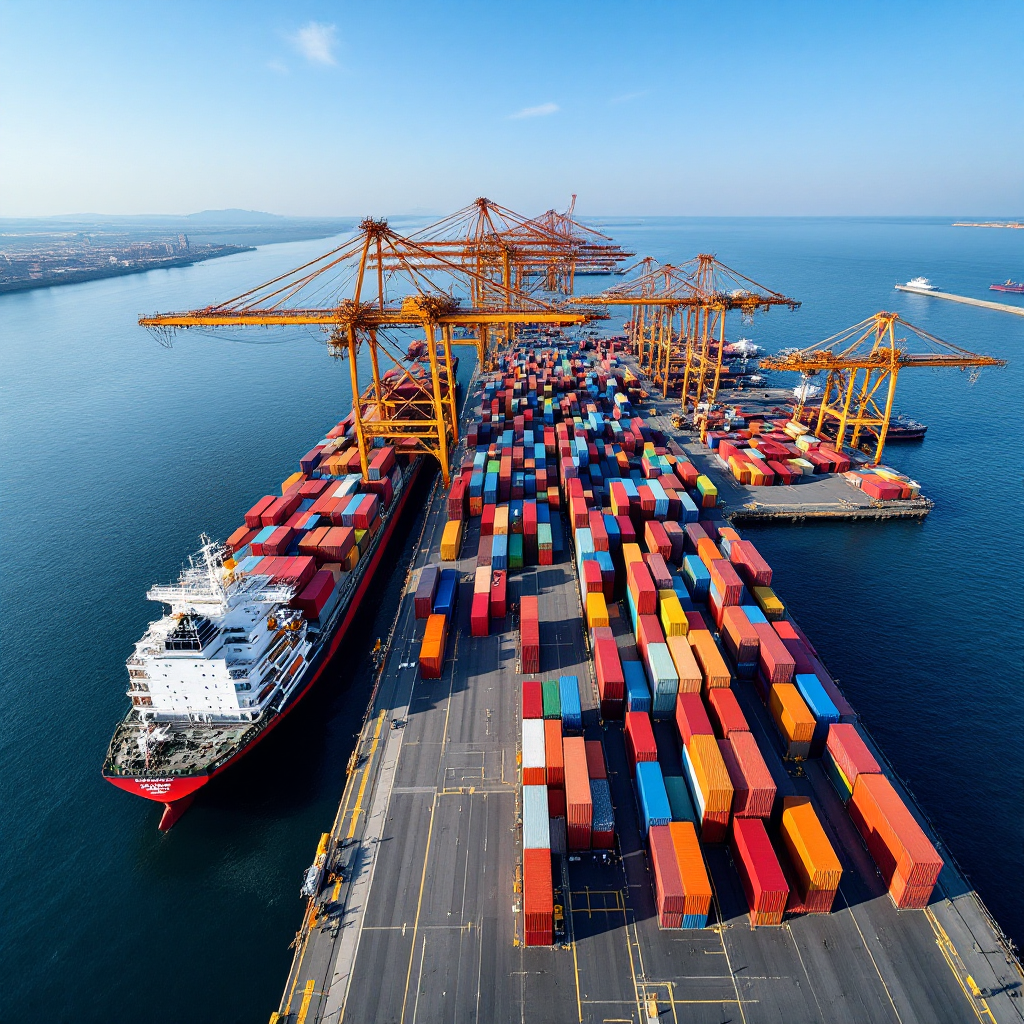 Porto commerciale internazionale con container colorati, gru da carico e nave merci attraccata