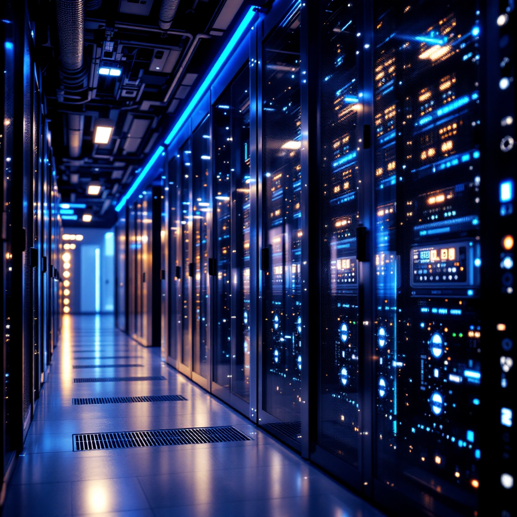 Modern cloud computing infrastructure and server room with blue lighting