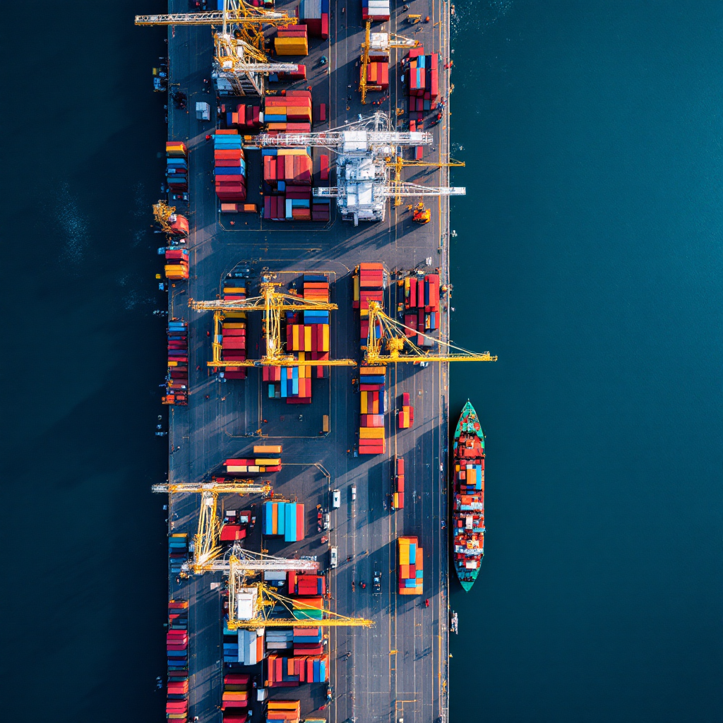 International commercial seaport with shipping containers and cargo operations