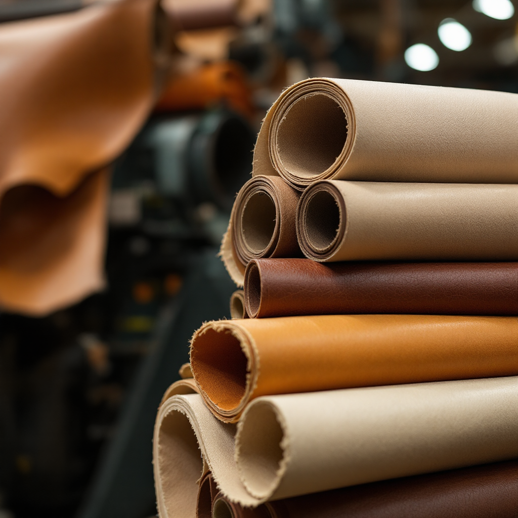 Premium leather hides and textile fabric rolls in a professional warehouse