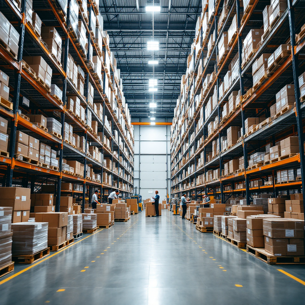 Modern logistics warehouse with organised shelving and order preparation operations