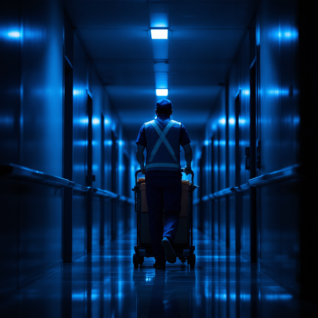Janitorial worker cleaning an office building at night