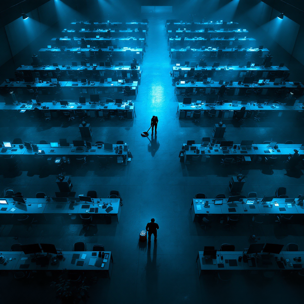 Empty office building at night with lone janitorial worker