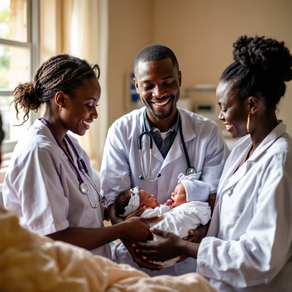 Healthcare workers in a Zimbabwean neonatal ward gathered around a training station during a hands-on workshop