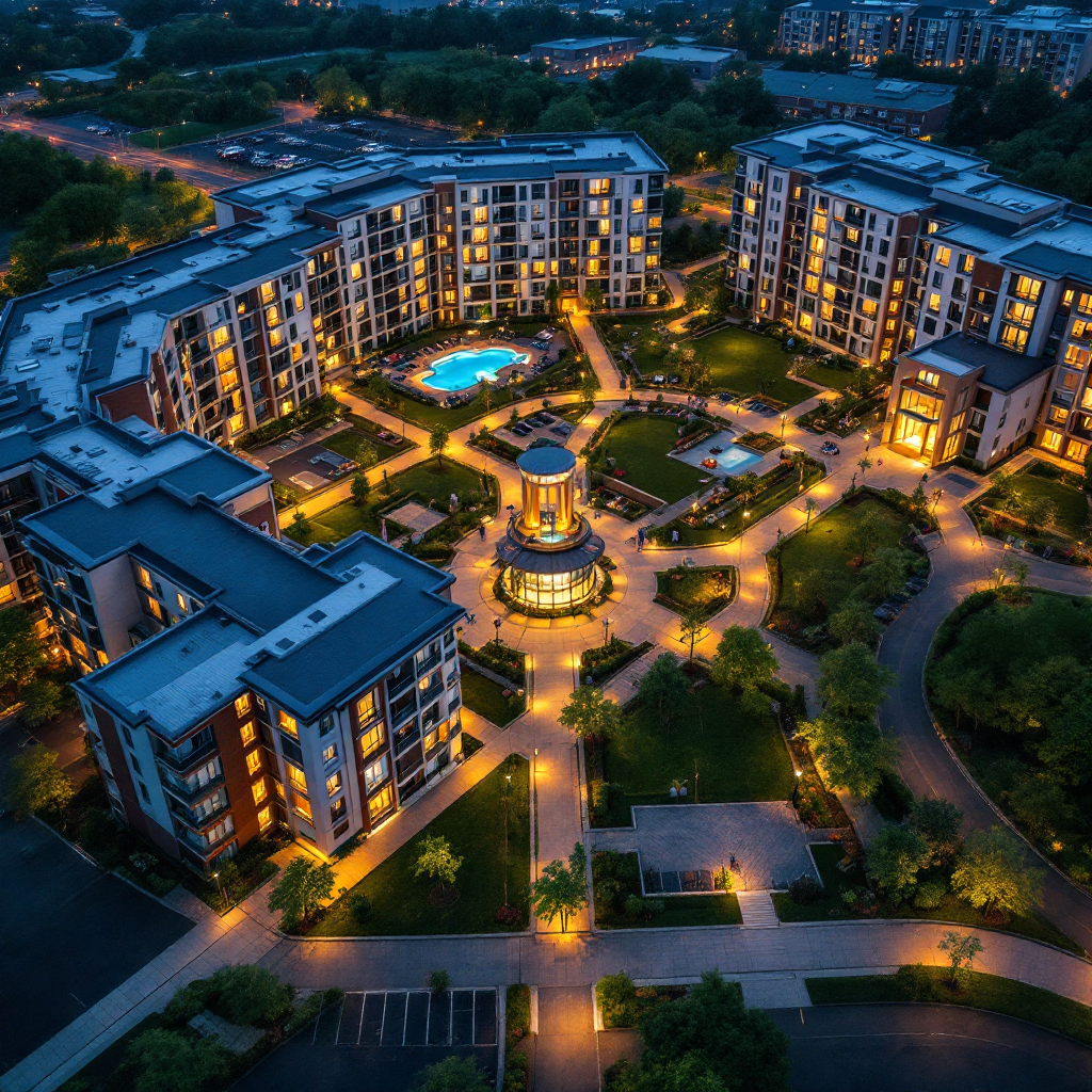 Multi-building property complex with grounds and common areas