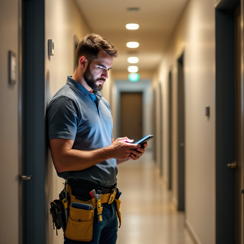 Property management team member checking in via mobile device in a building hallway