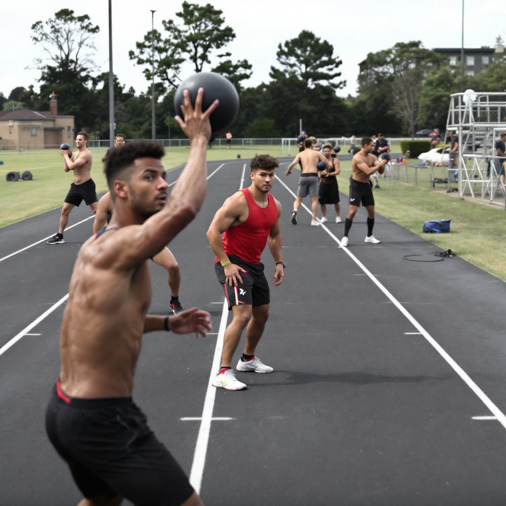 Athletes practicing javelin drills with medicine balls