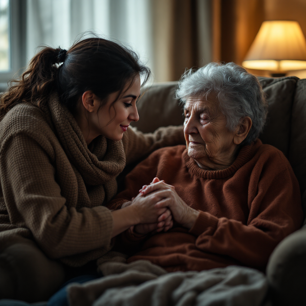 Adult daughter caring for elderly mother