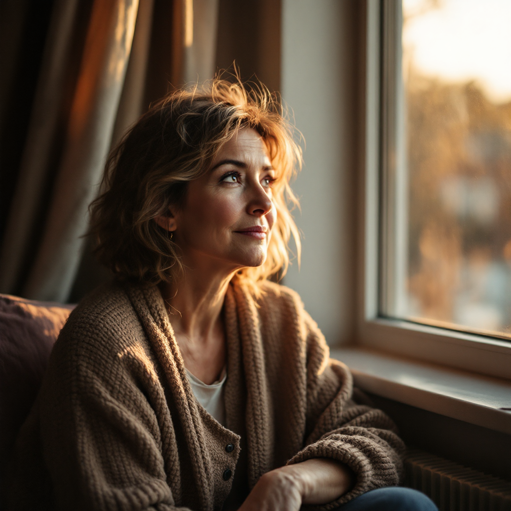 Caregiver looking hopeful by a window