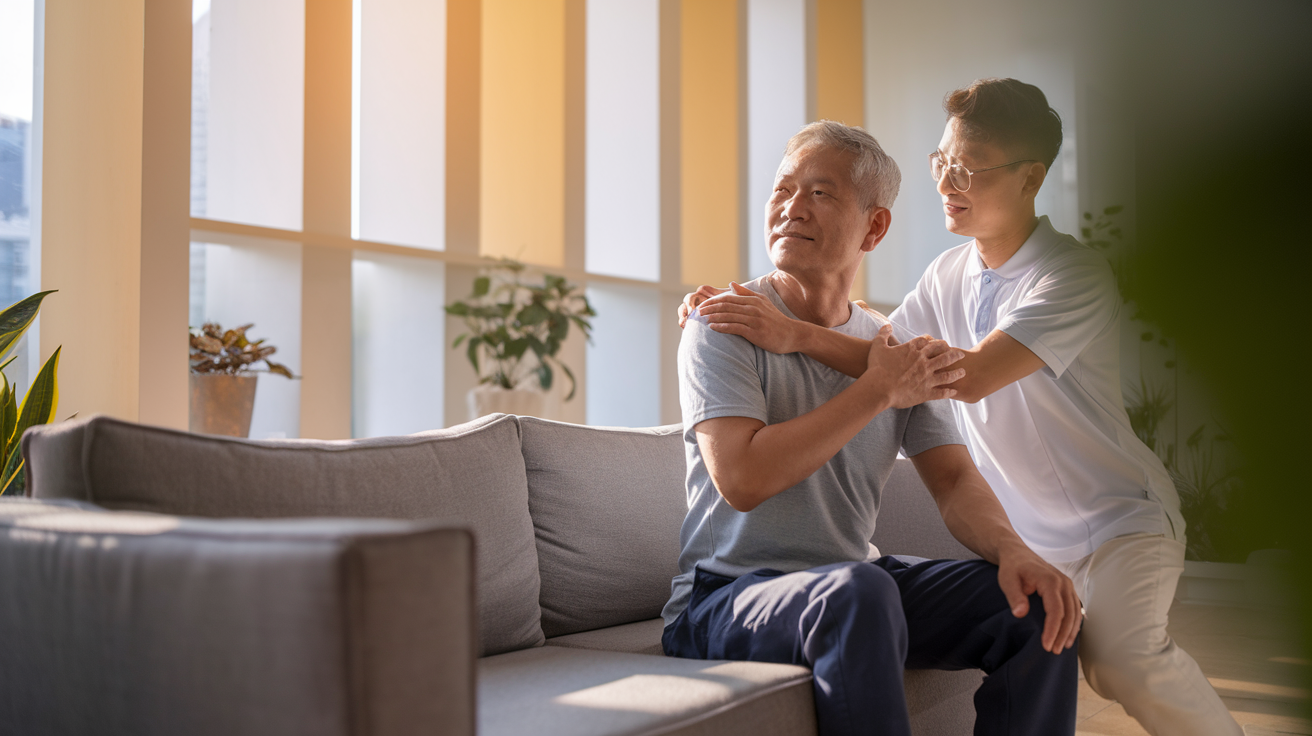 Asian male patient receiving home physiotherapy in Singapore