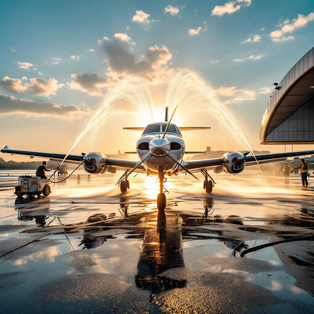 Private aircraft being washed on an airport apron in Prague