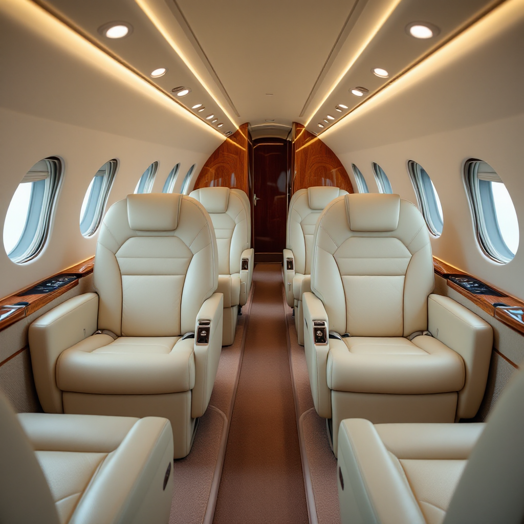 Clean private aircraft cabin interior with leather seats