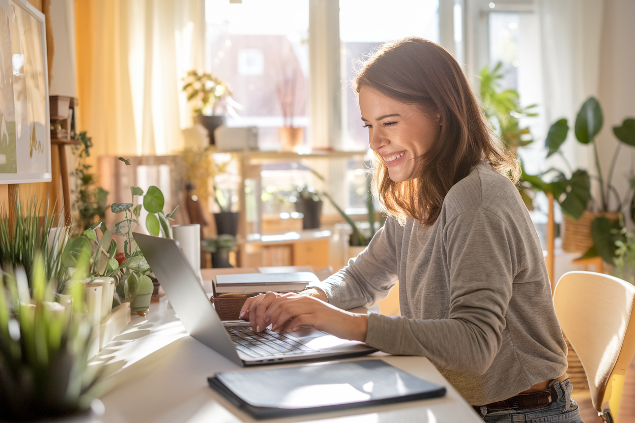 Happy woman earning money working from home on her laptop at a bright modern desk