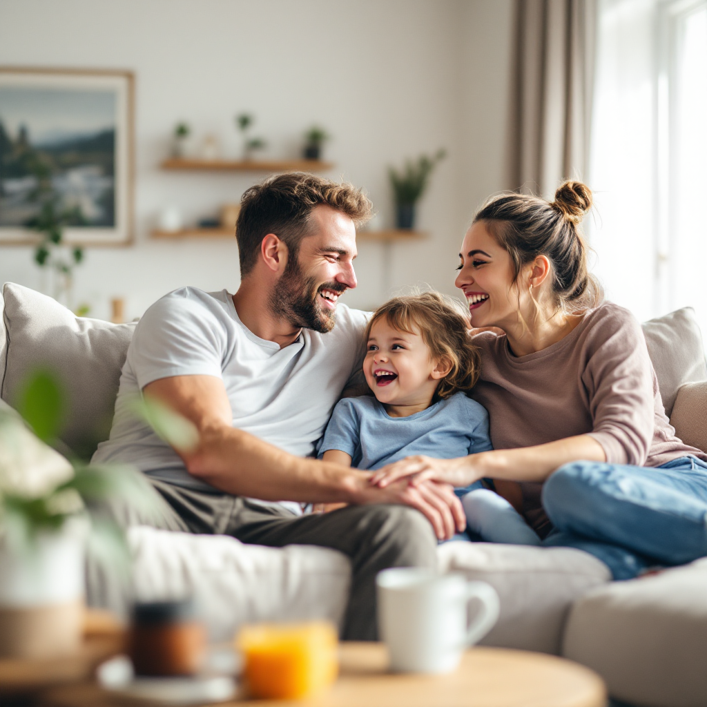 Glückliche Familie entspannt zusammen im hellen modernen Wohnzimmer ihres neuen Zuhauses