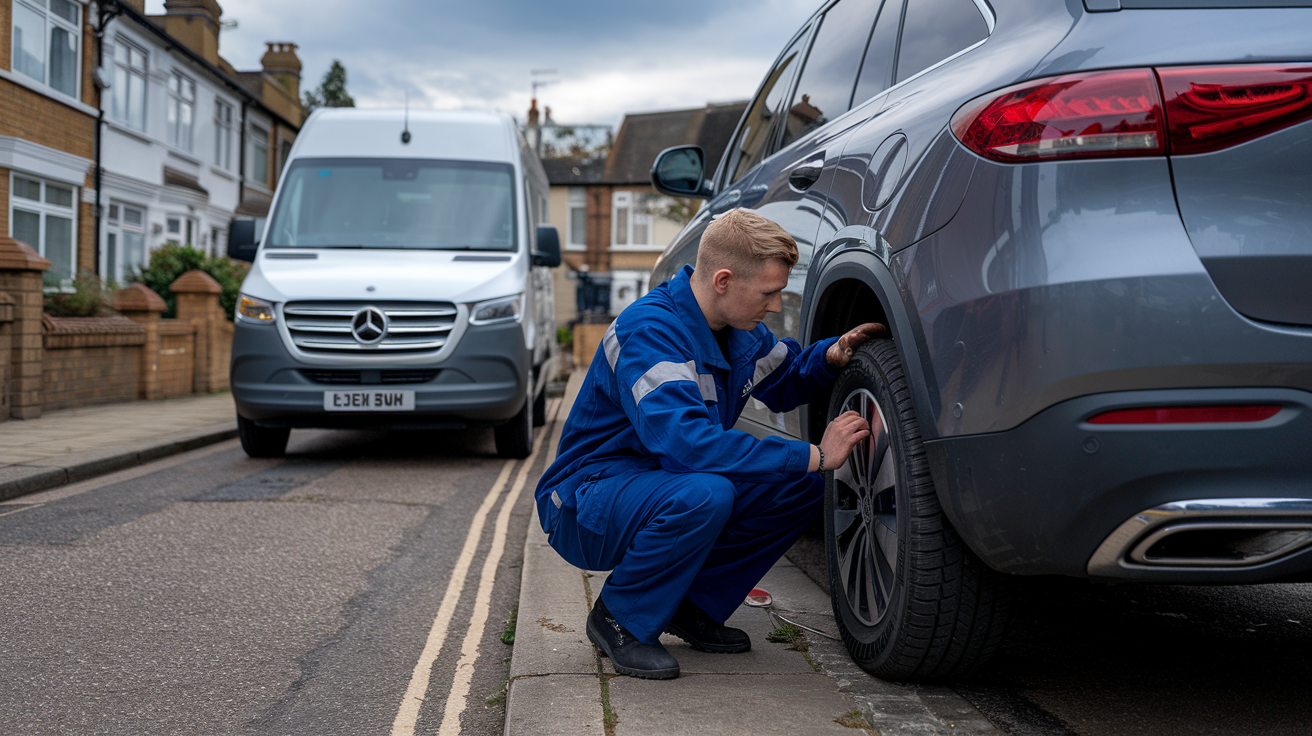 Mobile tyre fitting technician changing a tyre on a modern vehicle with a white Sprinter van in the background on a Leeds street