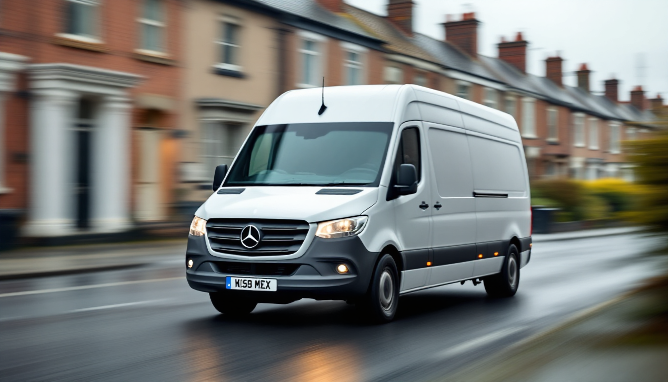 White Sprinter van driving through a Bradford residential street