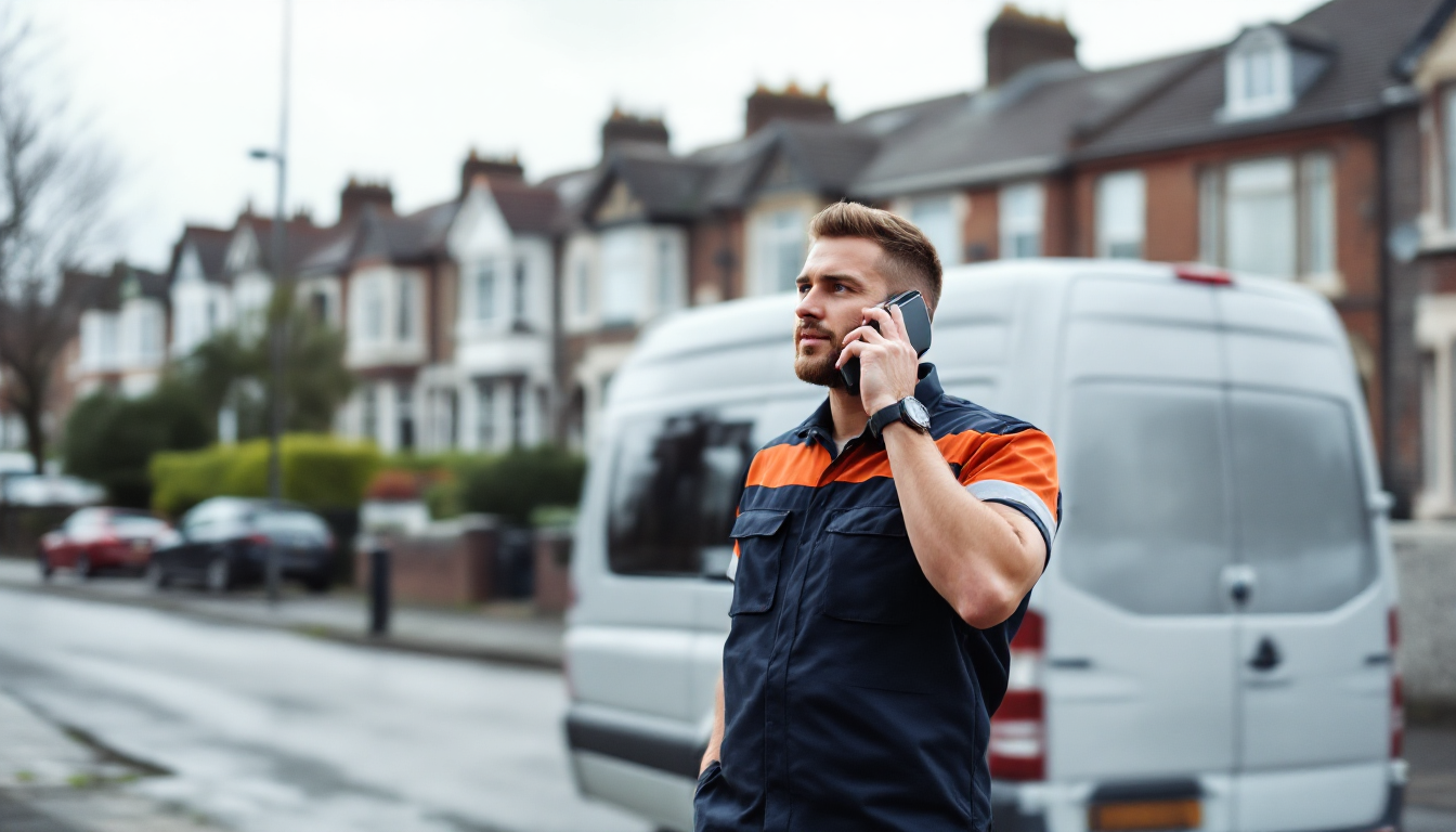 Mobile tyre fitter answering a call next to a Sprinter van in Leeds
