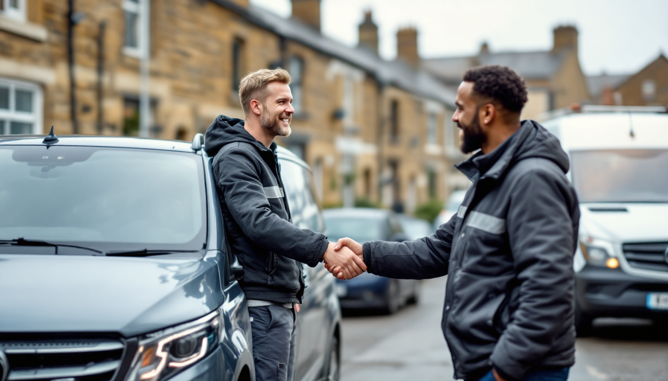 Satisfied customer shaking hands with a mobile tyre fitter in Leeds after a tyre change