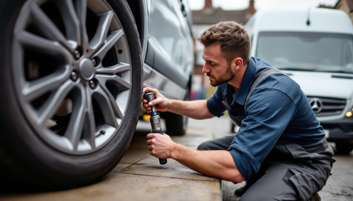 Mobile tyre fitter using a torque wrench on a car wheel on a Bradford driveway