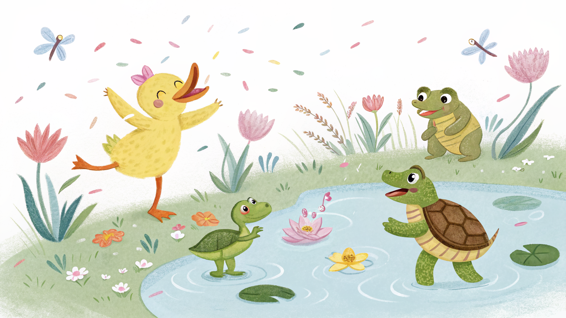 Illustration of all pond animals dancing together