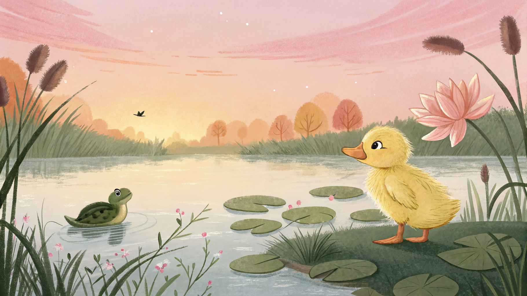 Illustration of Daisy by the pond at sunrise