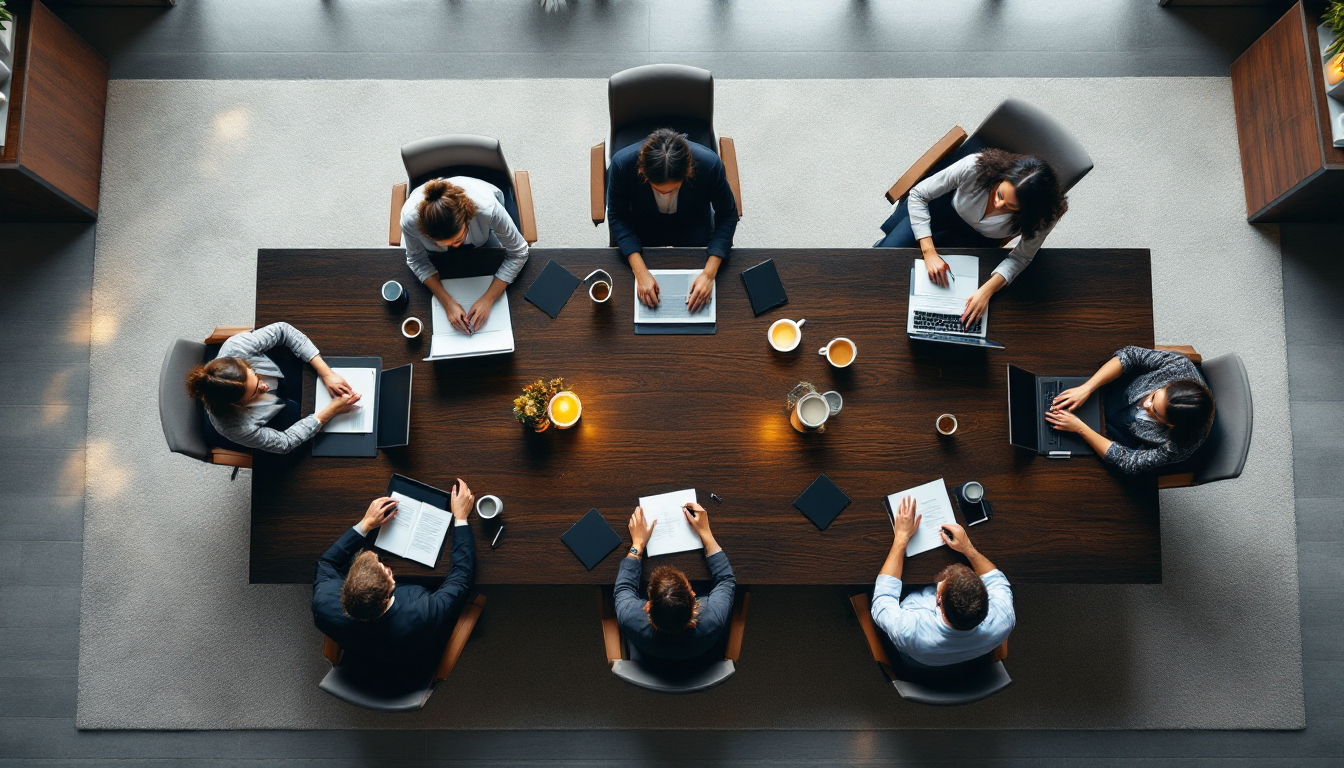 Vista aérea de reunião de diretoria em empresa