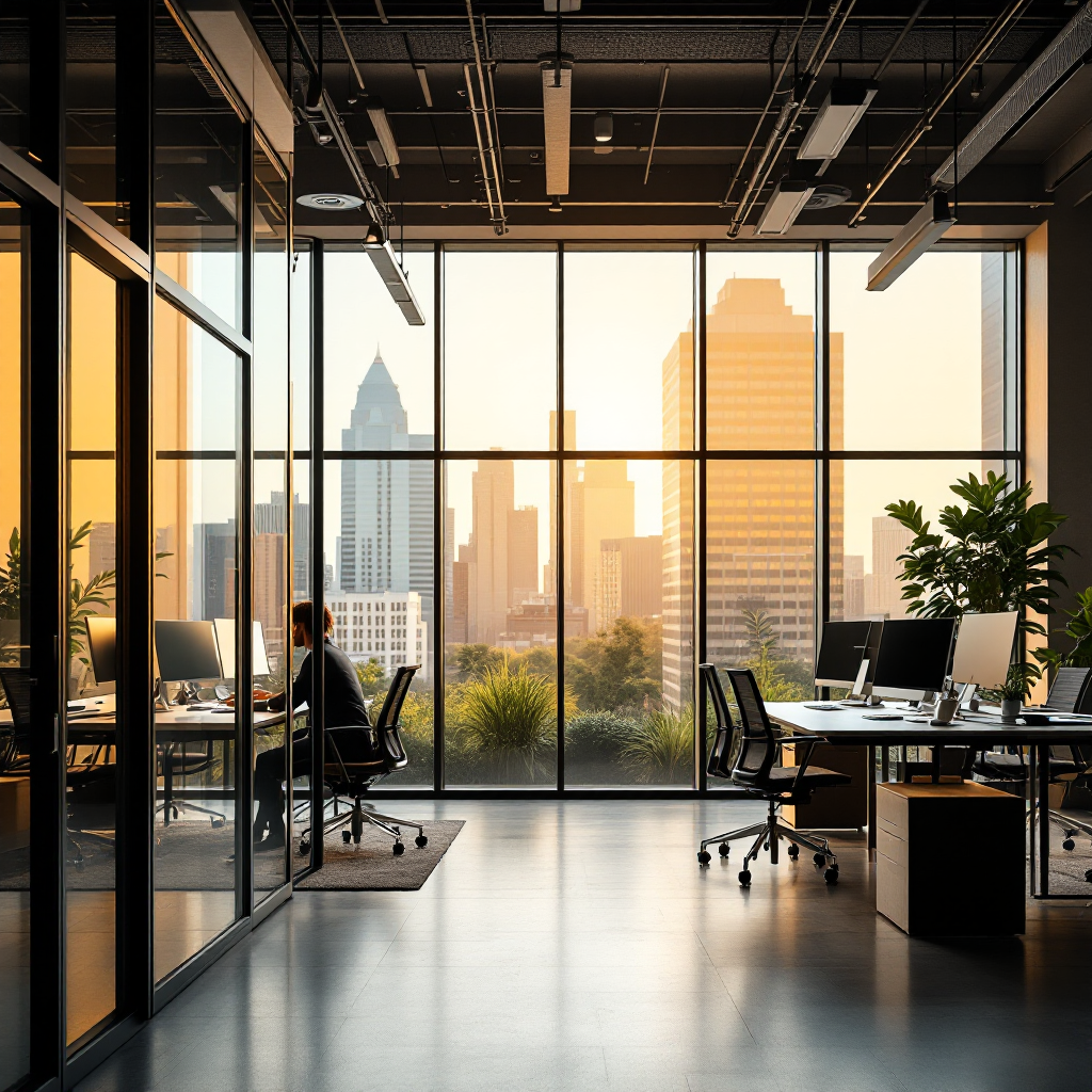 Office interior with tinted windows reducing glare